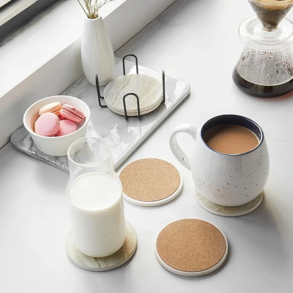 Elegant Set of 6 Black Marble Ceramic Drink Coasters with Holder for Home Decor